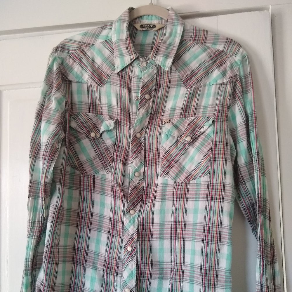 Vintage Salt Valley Western Shirt Medium Turquoise Pearl Snaps